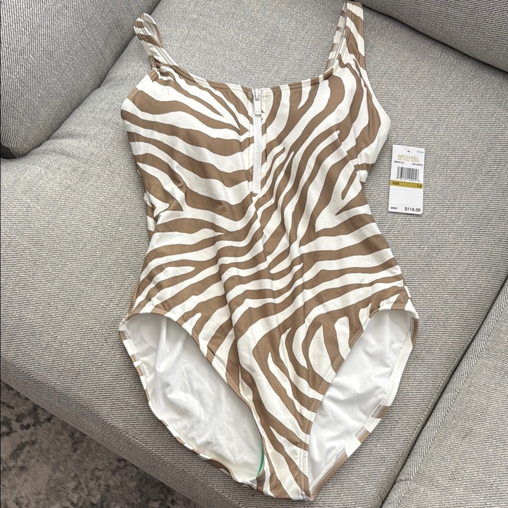 Michael Kors Zebra Print One Piece Swimsuit - Brown and White